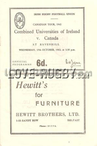 1962 Combined Universties of Ireland v Canada  Rugby Programme